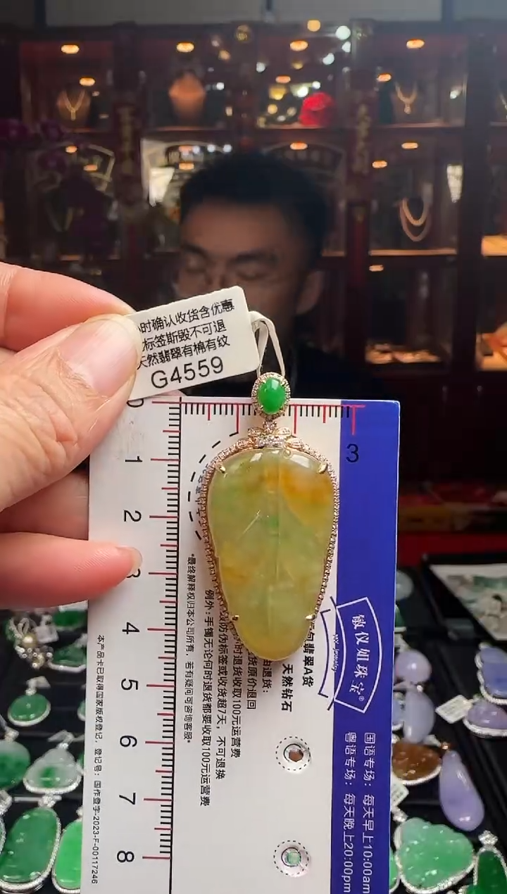 【闪购商品】翡翠颈饰18K金镶嵌G4559黄加绿叶子