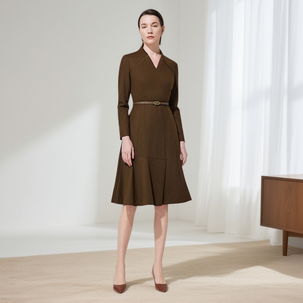 赢智尚新款苔藓绿羊毛X型收腰显瘦保舒适气质中长款连衣裙ZF02729