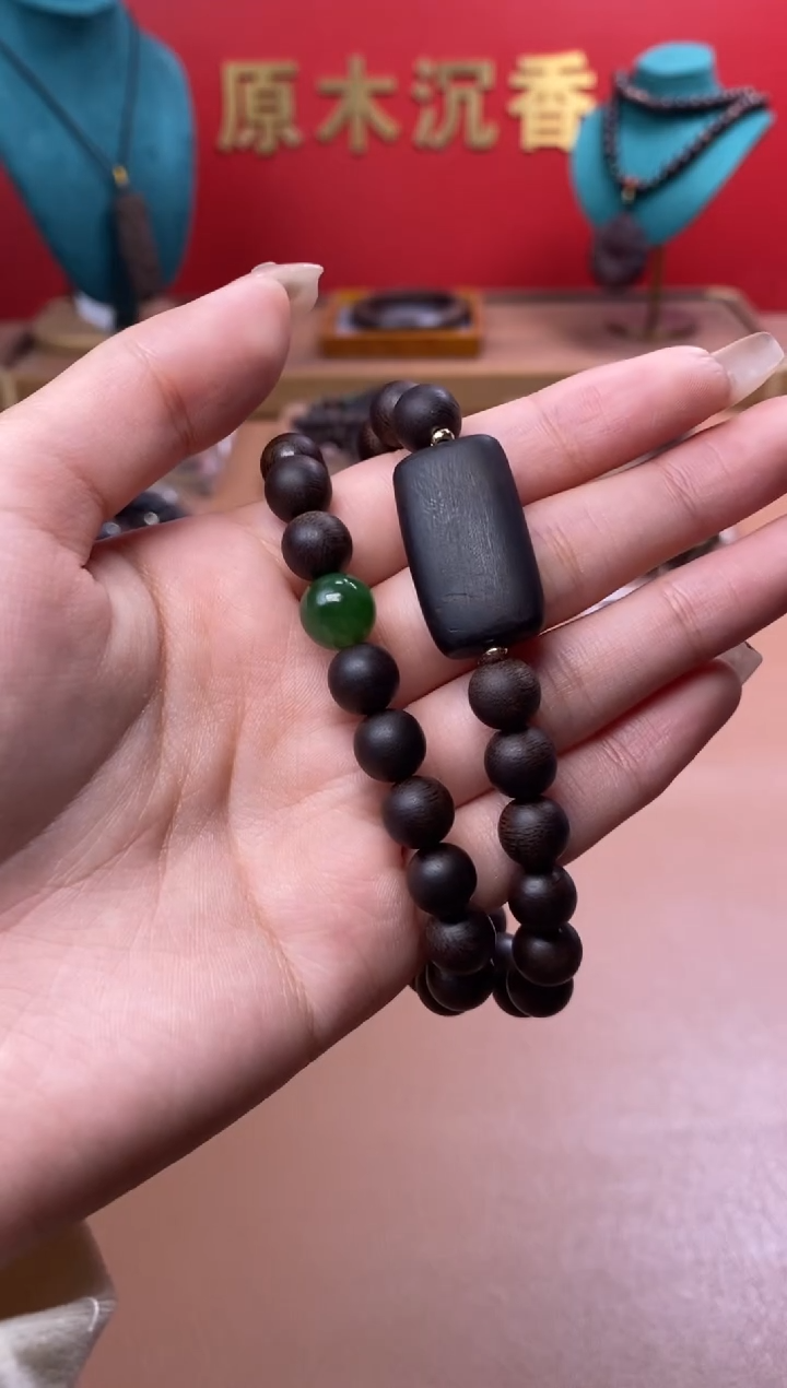 【闪购商品】沉香手串J沉水芽庄白棋08两圈+雷击顶珠沉香木雕