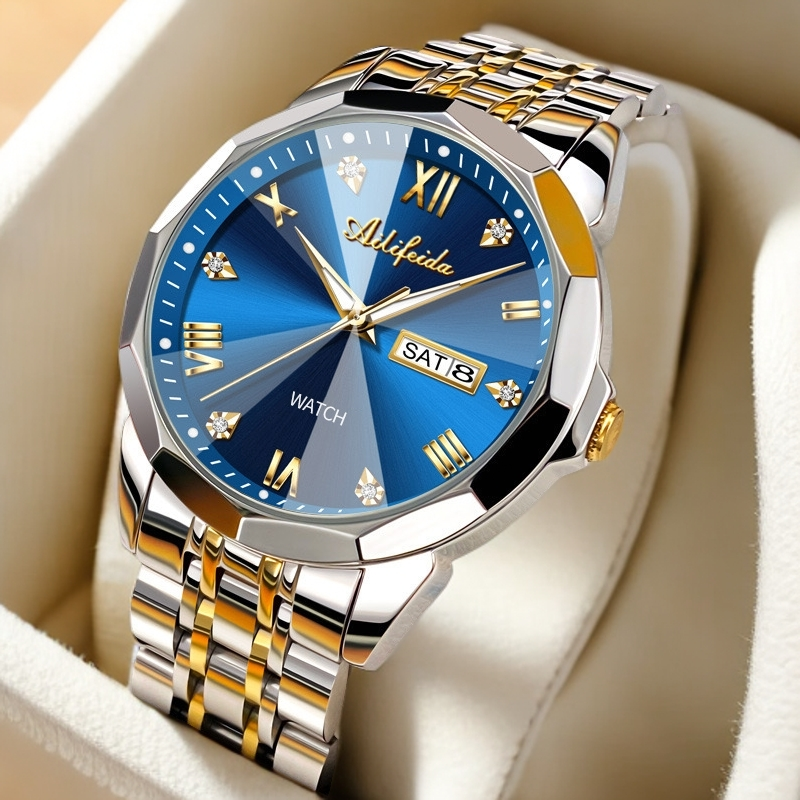 商务男款指挥官间蓝面男士手表时尚大气高端防水双历男表