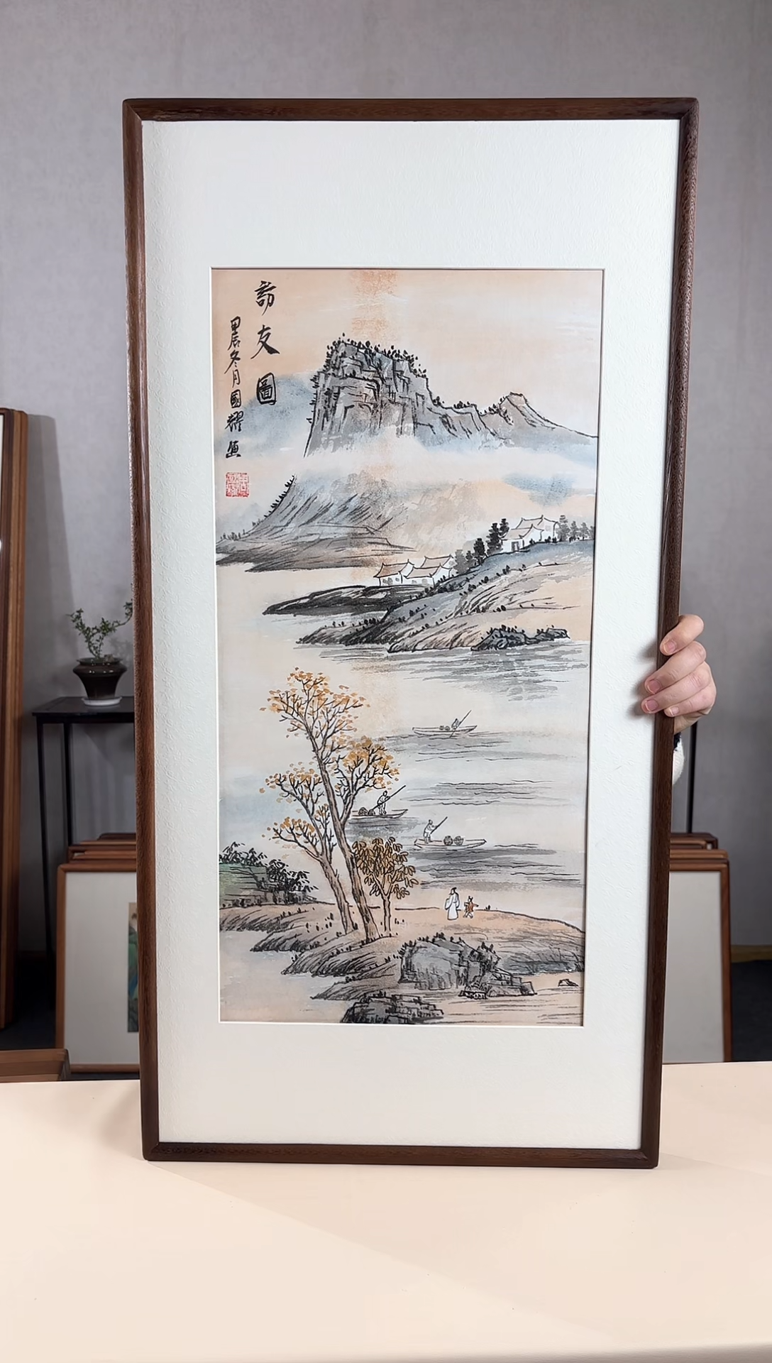 【闪购商品】国画手绘*访友图*47*92cm实木框