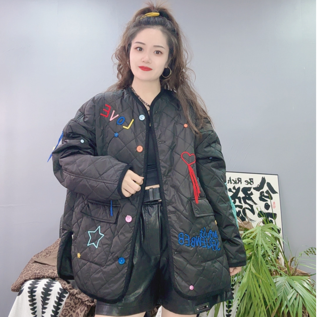 LY家732#水 秋冬星星刺绣加厚夹棉格子休闲百搭宽松外套