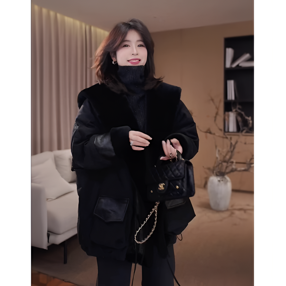 广州琴姐【玄夜秘袍】90白鹅绒拼接皮毛一体翻领羽绒服外套女08361