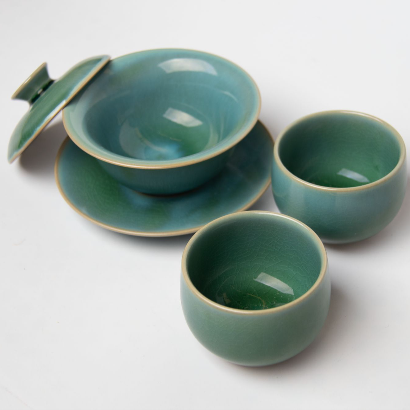 华宁陶传统绿白釉 绿釉茶具（一盖碗+对杯）伴手礼首选