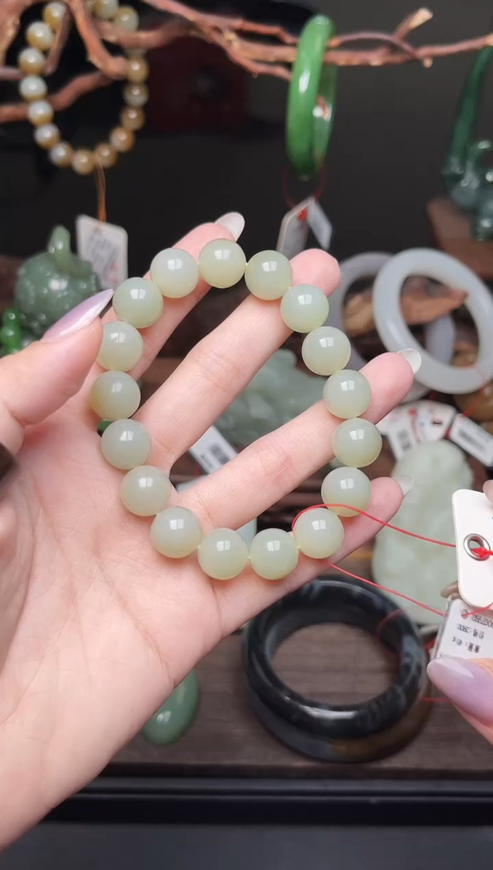 手串未镶嵌和田玉卡12且末青白 圆珠9007992