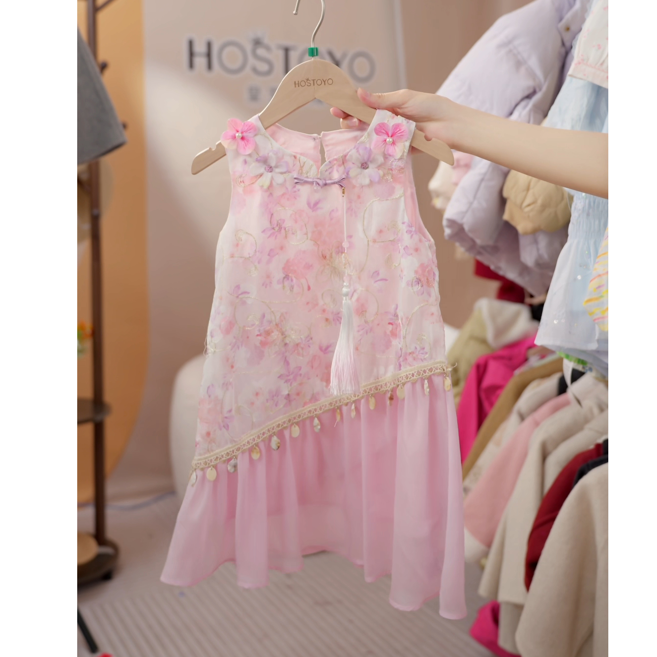 夏季蓬蓬裙纱裙紫色休闲风童装中国风连衣裙蕾丝