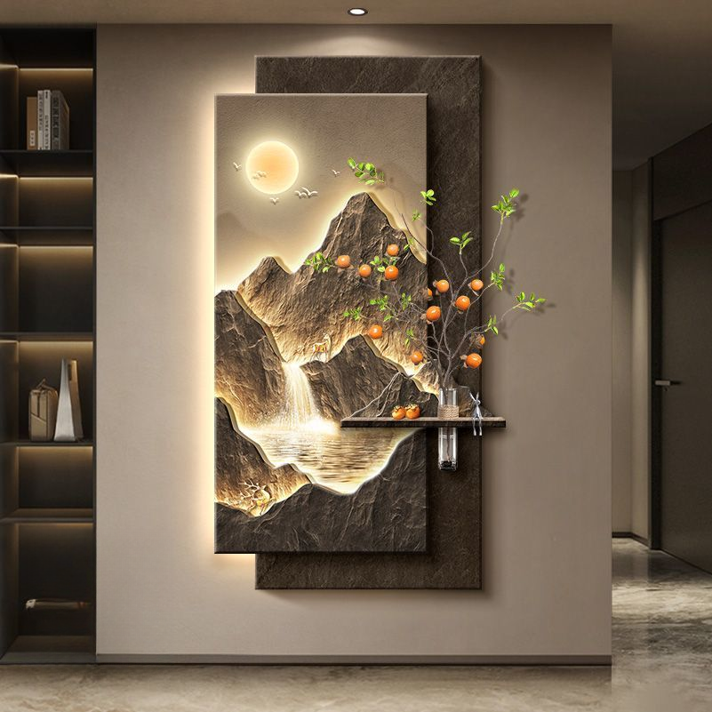 轻奢入户玄关装饰画水培绿植客厅走廊过道挂画高级感造景山水壁灯