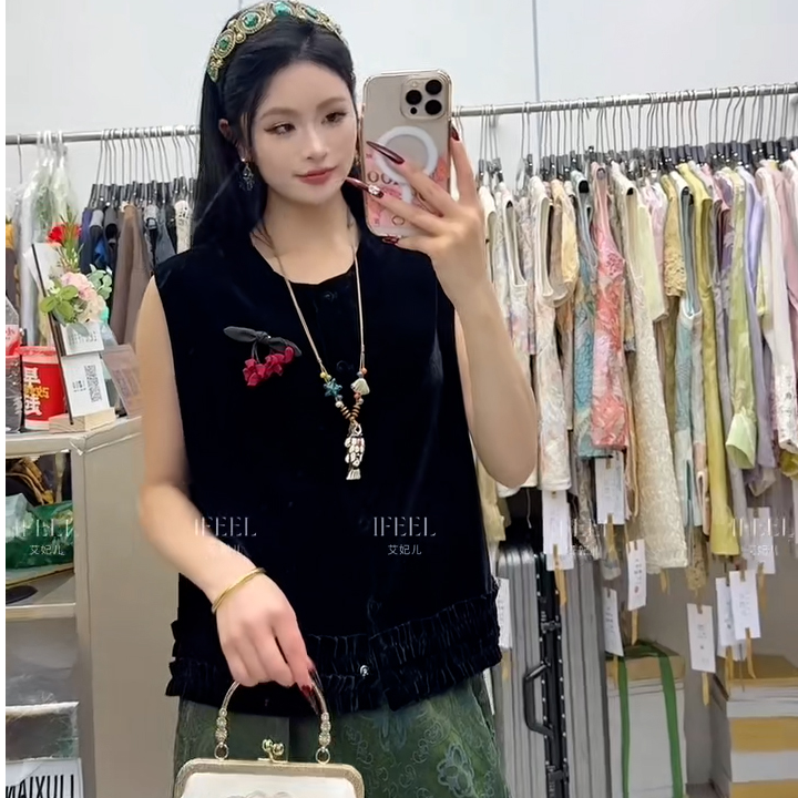 新中式国风圆领丝绒木耳边宽松马甲女2025秋季复古马夹坎肩上衣