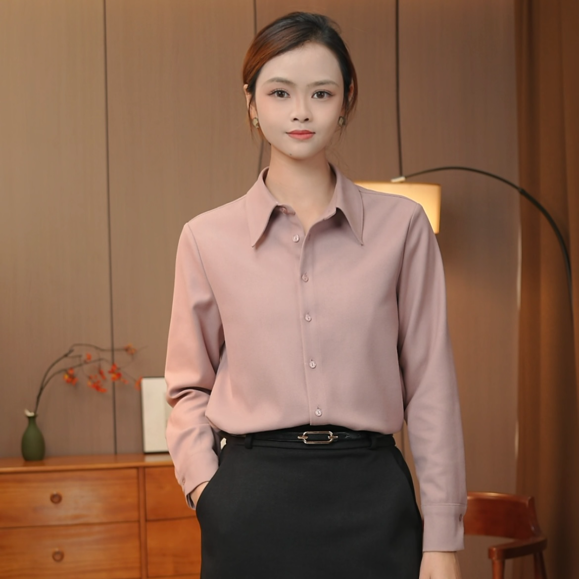 {专柜正品}25秋冬季气质羊毛修身单排扣显瘦长袖衬衫上衣25227011