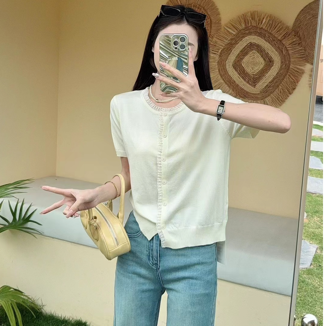 2025蕾丝花边拼接短袖针织开衫夏季时尚休闲百搭短款上衣针织开衫