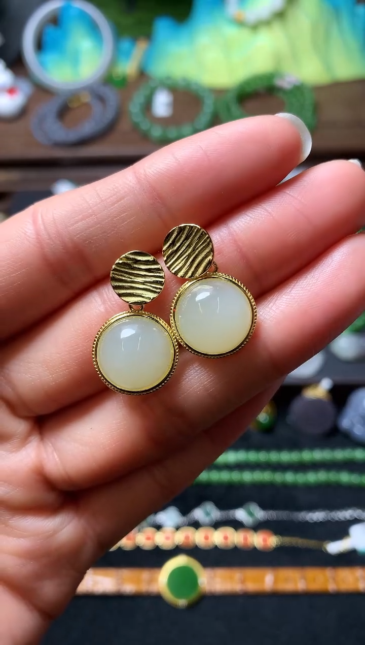 【闪购商品】和田玉耳饰银S925镶嵌耳钉