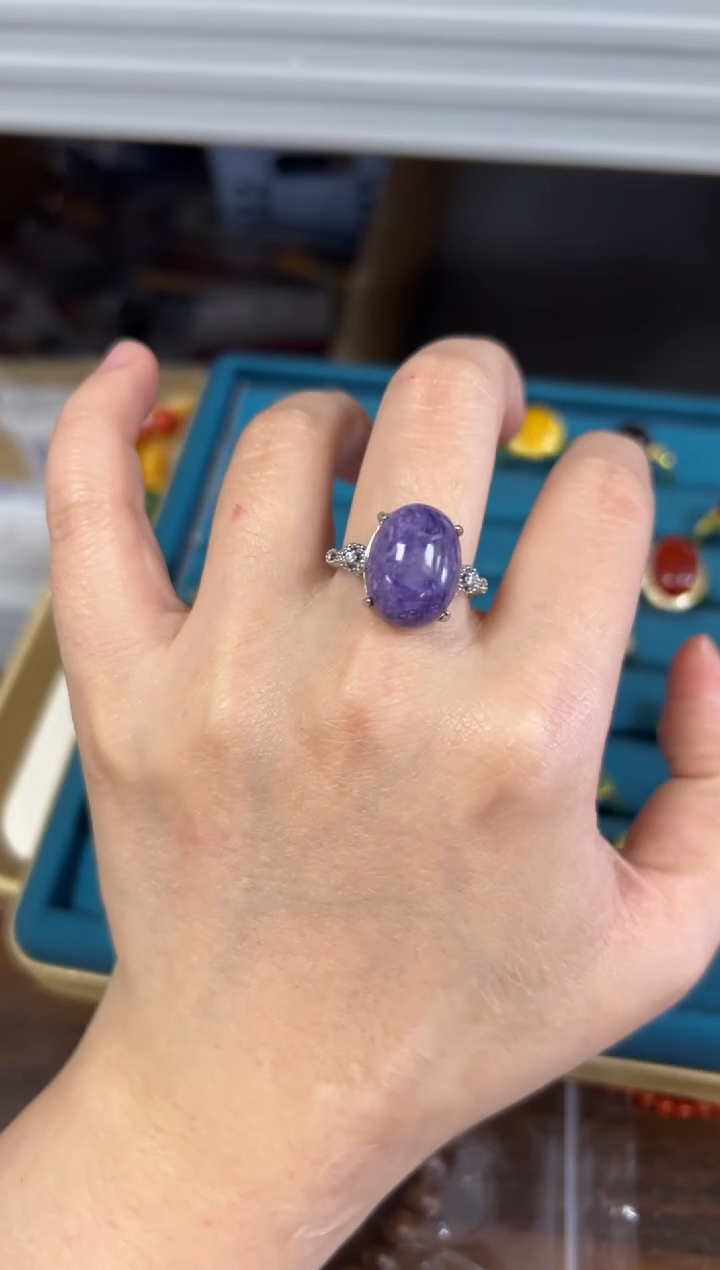 未镶嵌查罗石（紫龙晶）戒指紫龙晶蛋面四爪镶嵌款戒指[98]