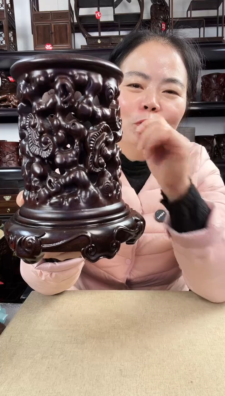 木羊头底座+新款笔筒老李红木工艺品