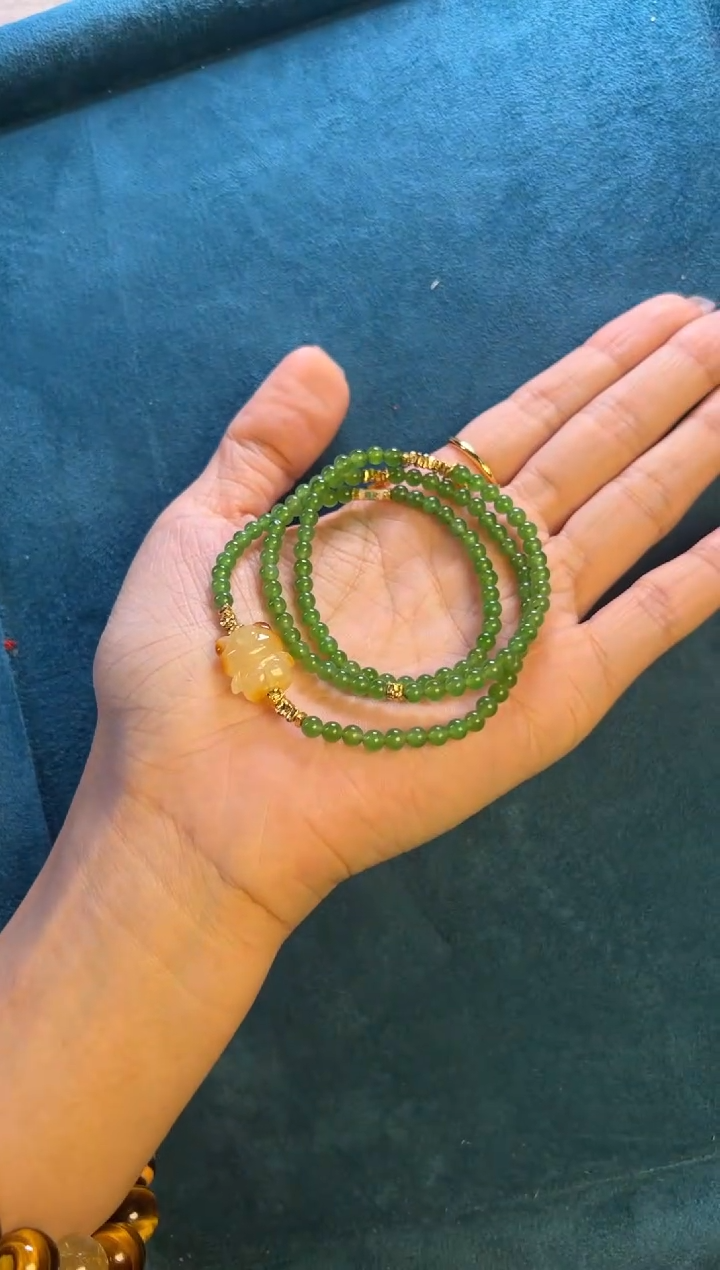 【闪购商品】和田玉手串未镶嵌和田玉碧玉小米珠三圈手串（蜜蜡小熊）