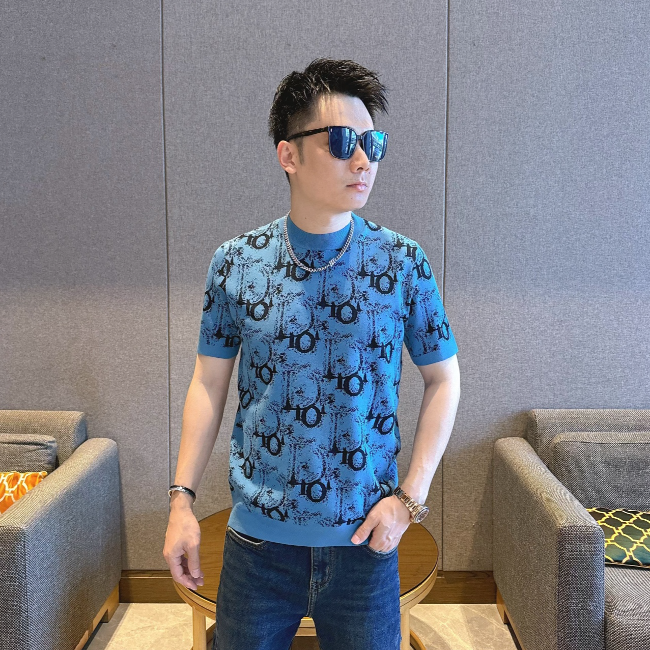 25男士秋季圆领T恤个性修身针织提花短袖百搭日常欧货高品质半袖