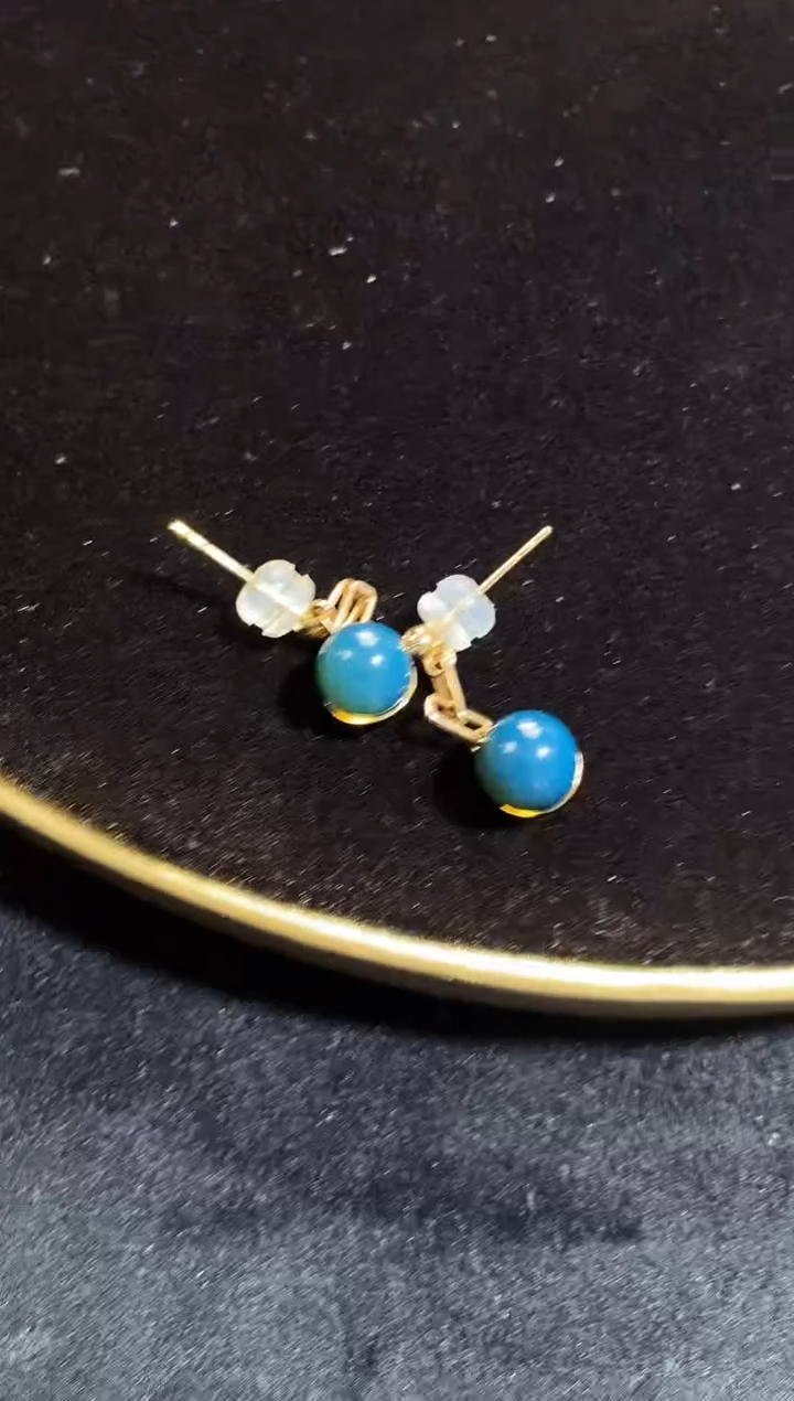 【闪购商品】蓝珀裸石18K金镶嵌多米尼加蓝珀耳钉7mm