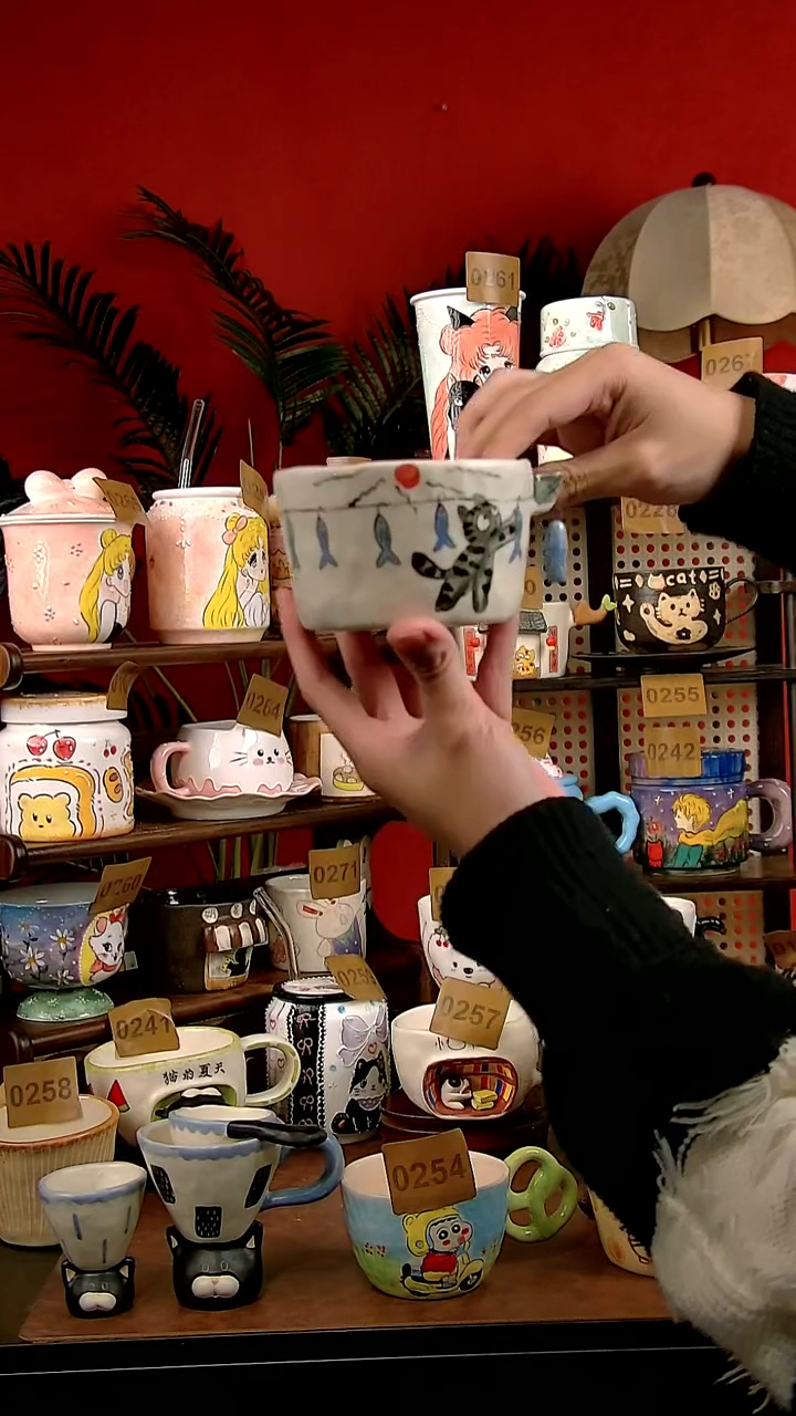 杯子瓷DIY景德镇创意手工陶瓷卡通风小猫摸鱼
