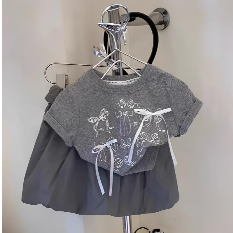  新款女童夏季可爱蝴蝶结灰色精品T袖爆款潮酷时尚可爱洋气上衣