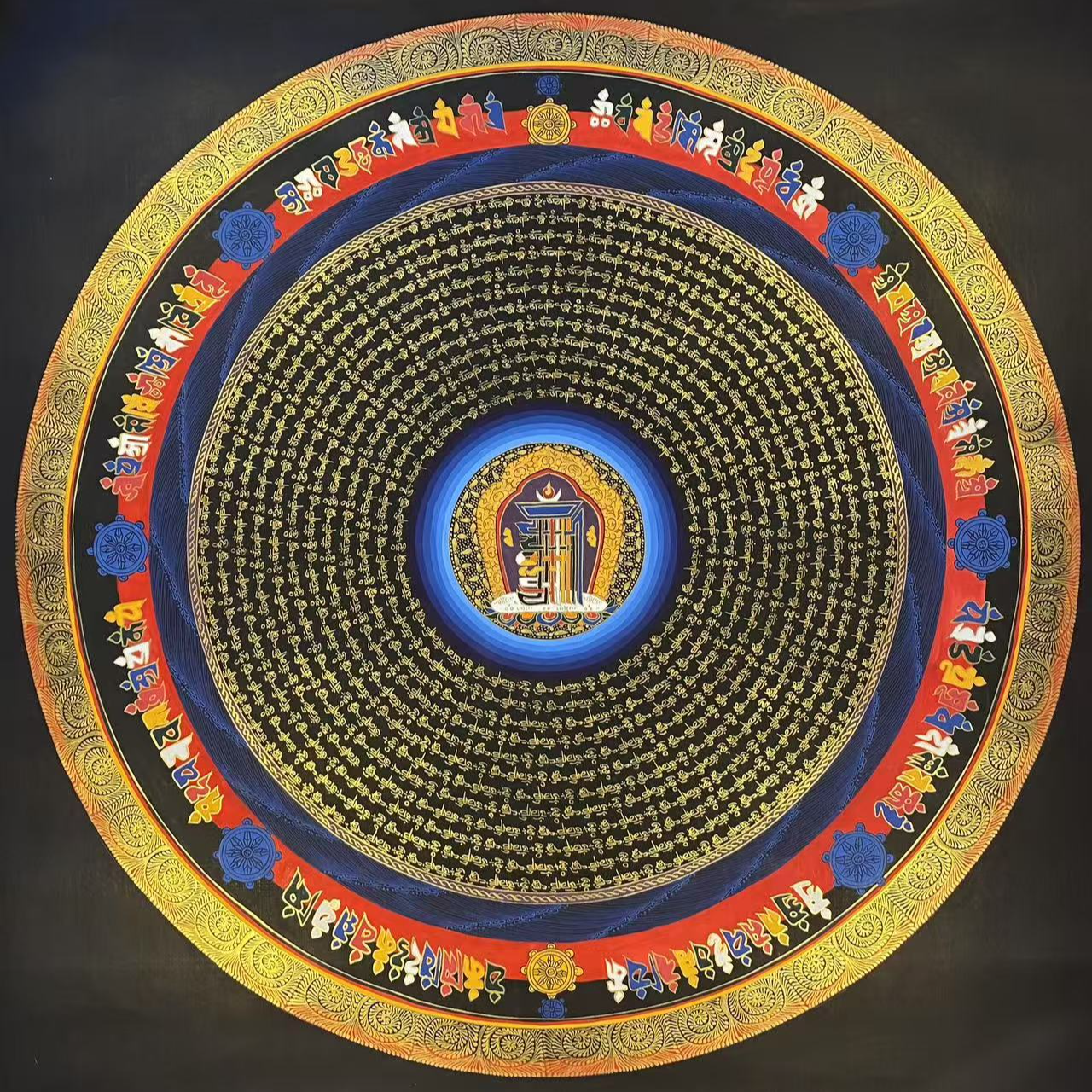 黑金精品六字真言尼泊尔喇嘛亲笔手绘不褪色居家悬挂装饰70*70