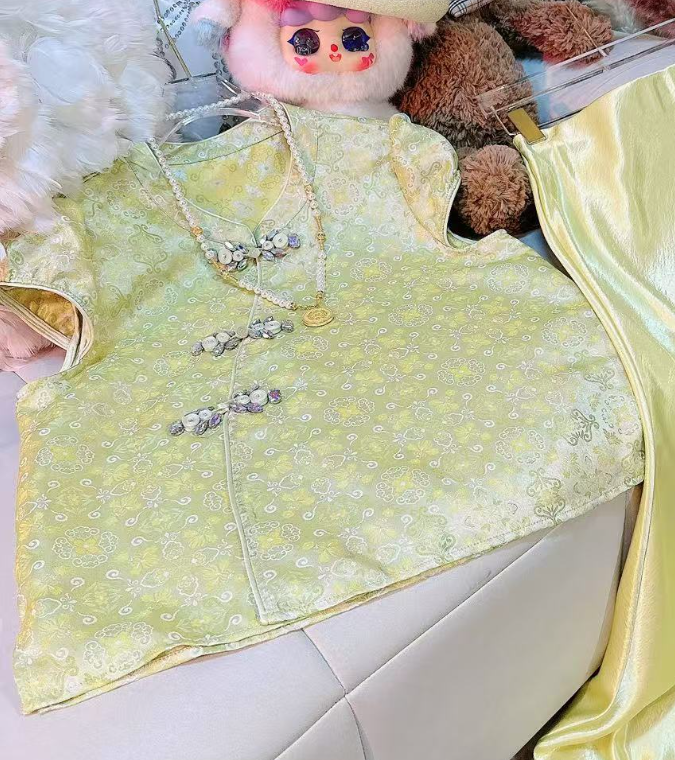 【崔】W0335 新中式国风刺绣马甲重工提花无袖坎肩立领马夹半裙套装