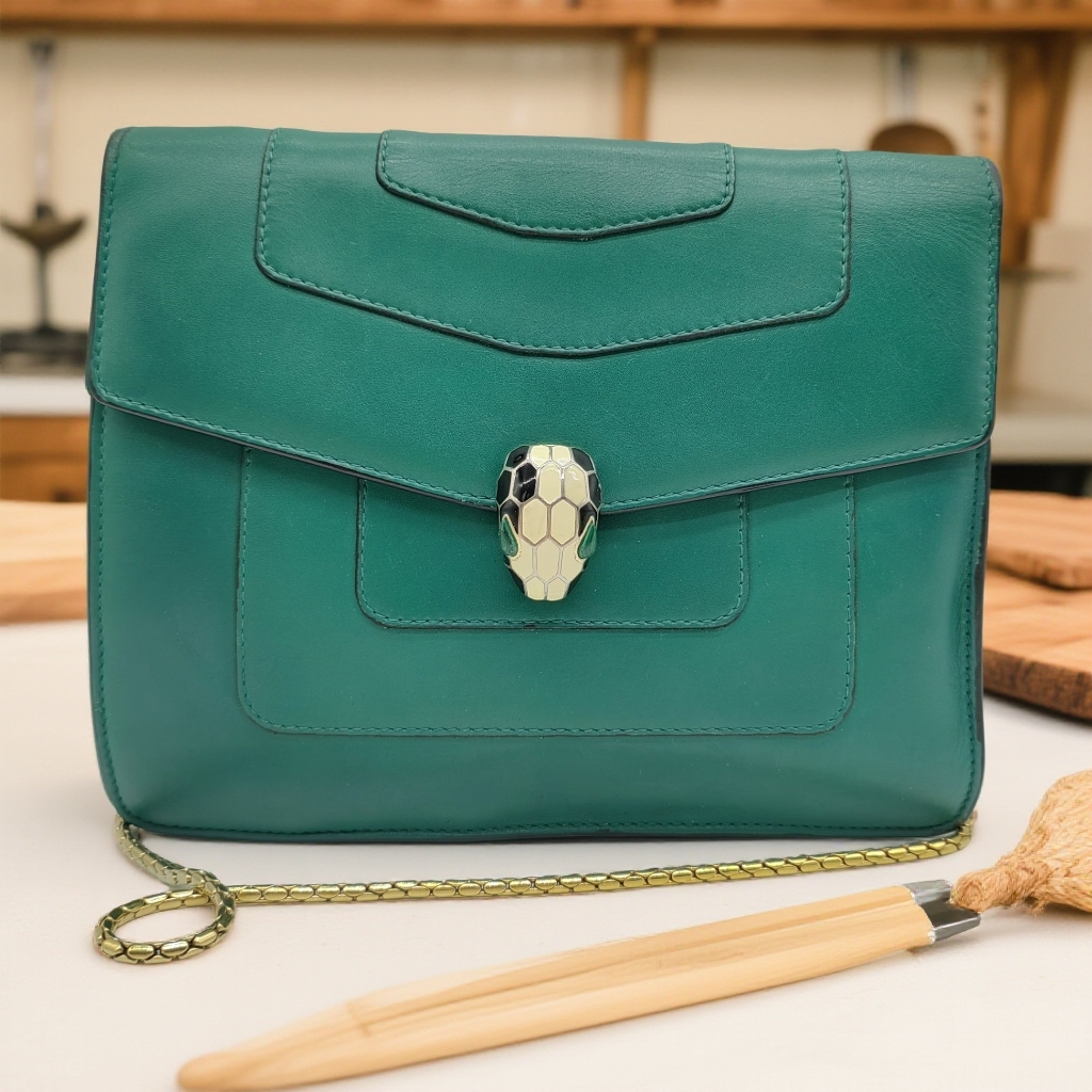 95新 BVLGARI/宝格丽  绿色蛇头链条包 1539 0536 