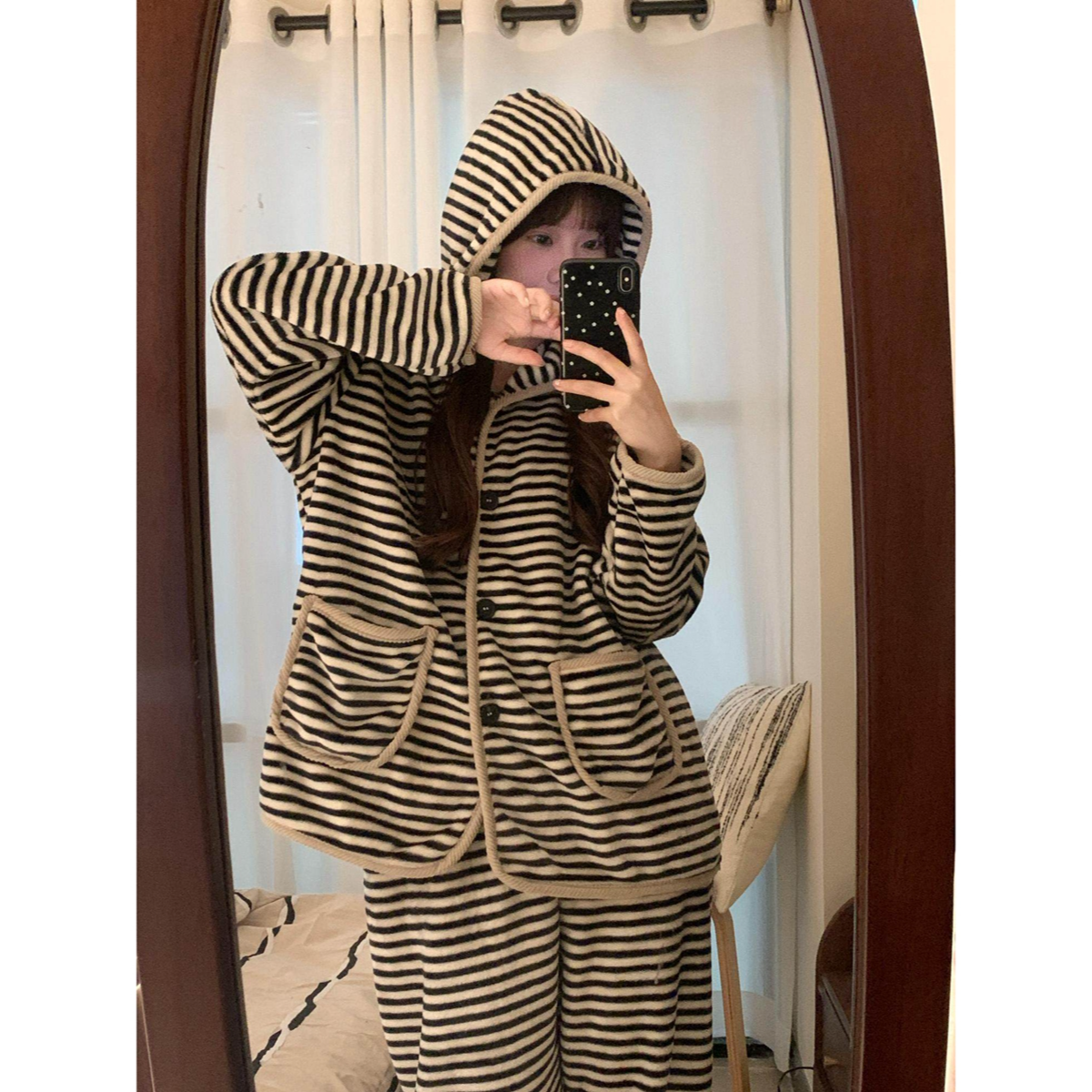 MM 25510加厚加绒珊瑚绒条纹睡衣女秋冬可外穿连帽家居服保暖套装