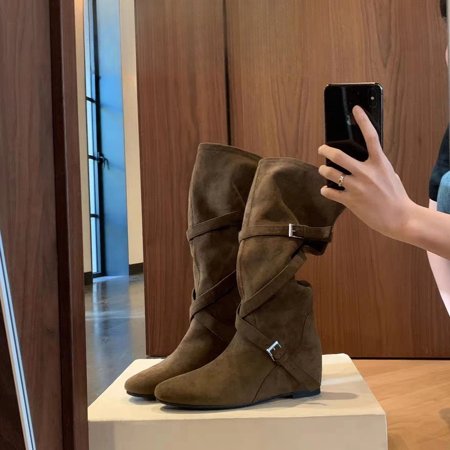 复古皮带扣皱褶内增高西部牛仔靴2025秋季新款弹力显瘦堆堆骑士靴
