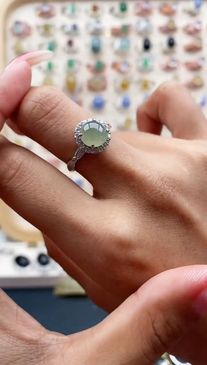 【闪购商品】翡翠戒指银S925镶嵌缅甸天然A货翡翠111   9-8