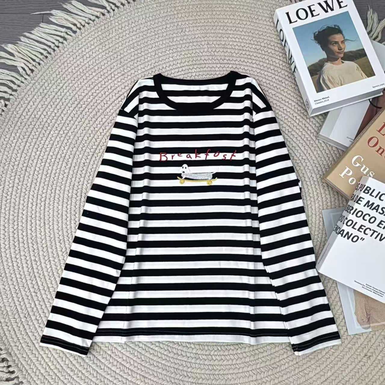 女士纯棉条纹前刺绣长袖T L5691#