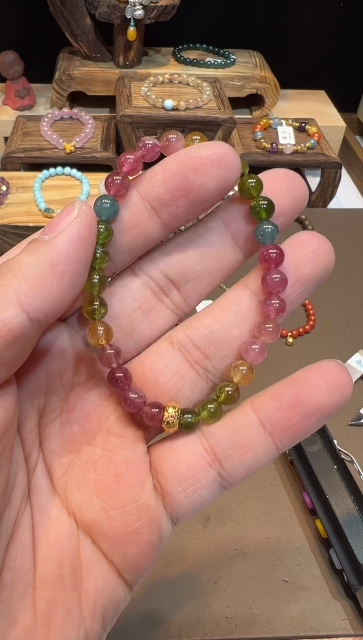 【闪购商品】碧玺手链18K金镶嵌6mm+手饰@@6931