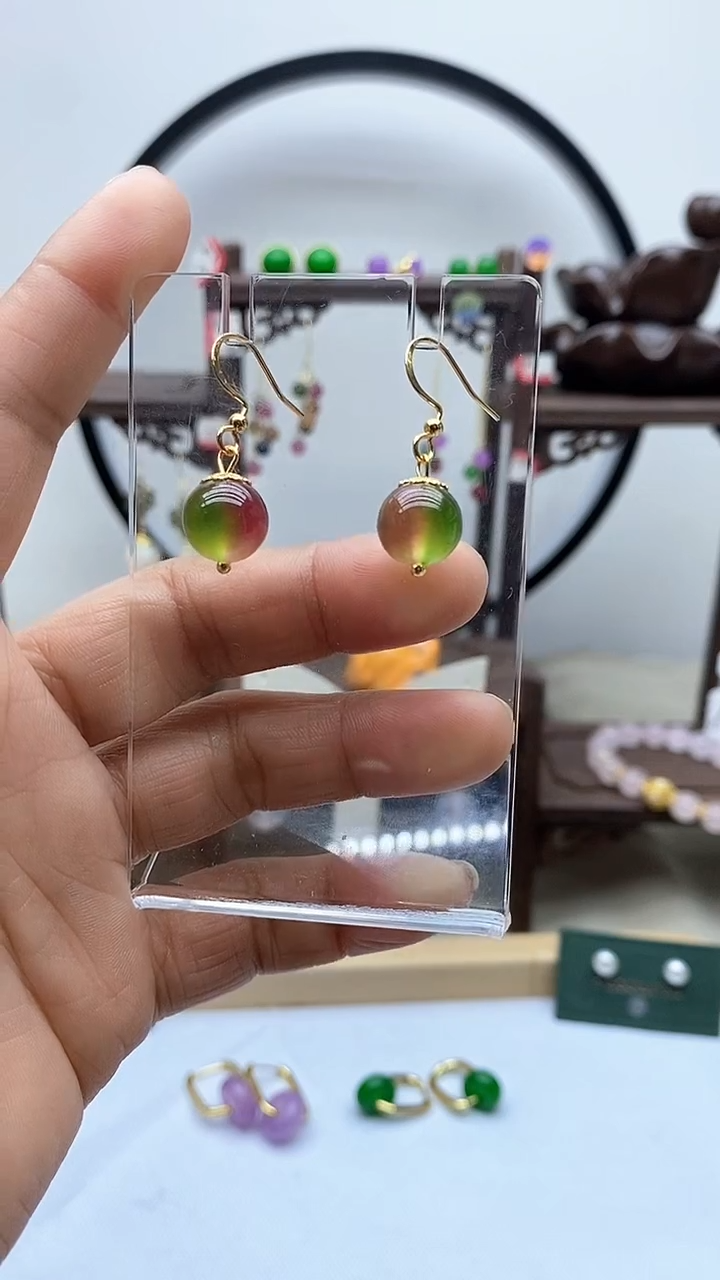 【闪购商品】西瓜碧玺耳饰银S925镀金镶嵌42