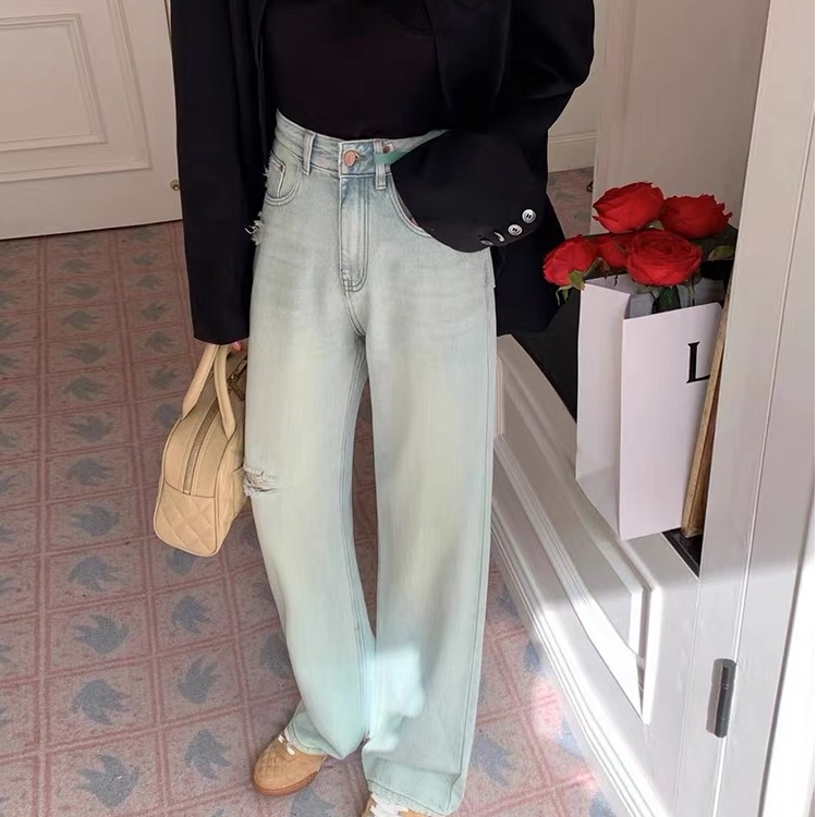 1015#浅色破洞阔腿牛仔女高腰2025宽松显瘦拖地直筒裤（裤长约104）