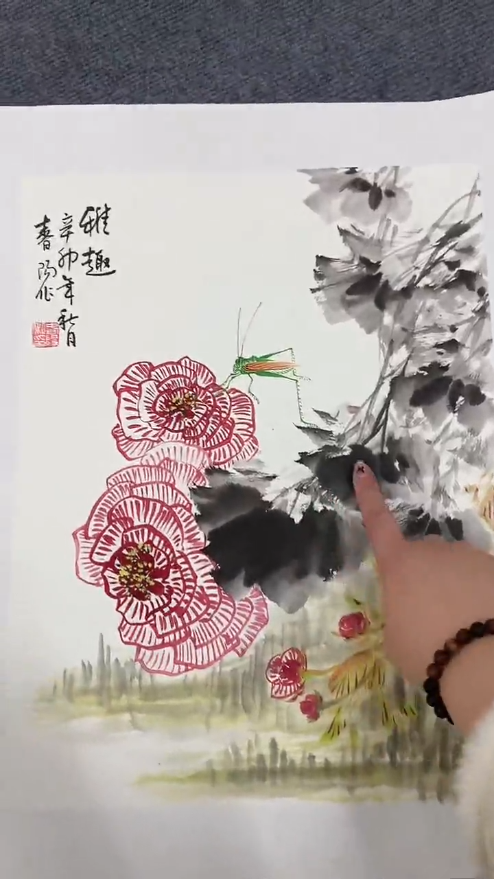 竖款精品三开三花鸟