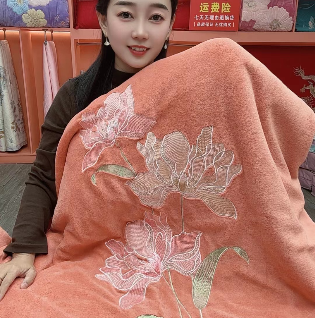 【百合】橙绣花加厚牛奶绒四件套刺绣牛奶绒被套大床单枕套4