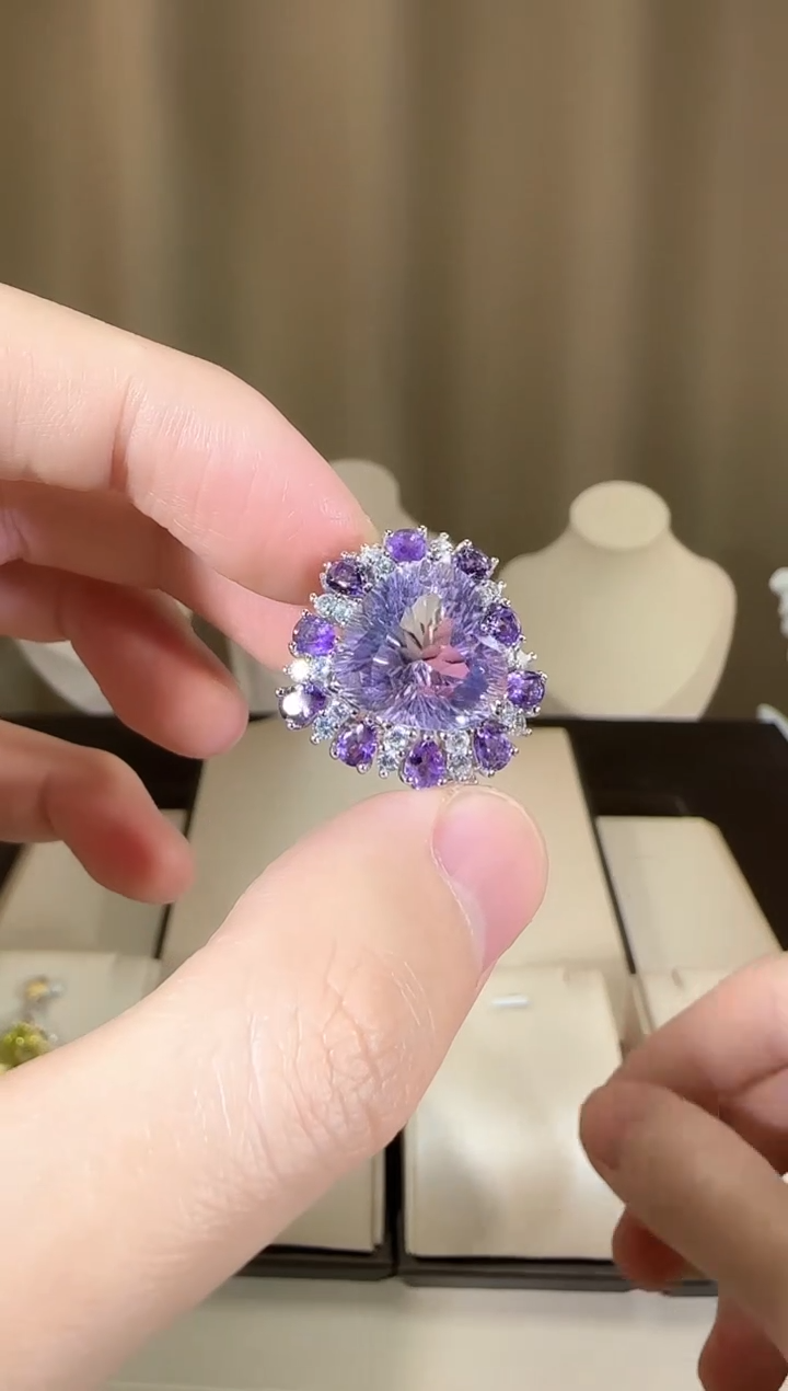 【闪购商品】紫晶戒指银S925镶嵌13mm薰衣草