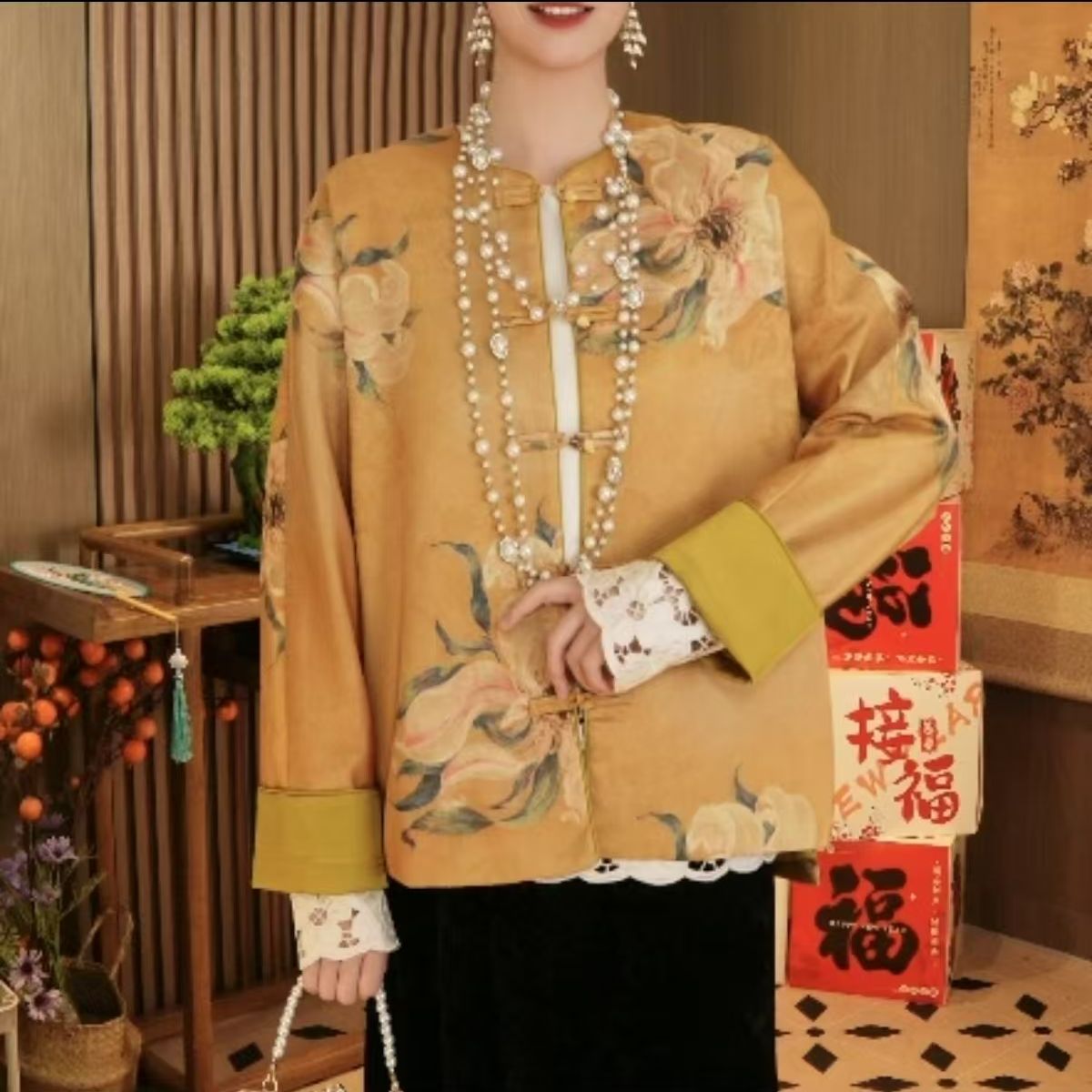 【百媚】新中式国风重磅提花缎高级感改良春款外套—2025A869安娅