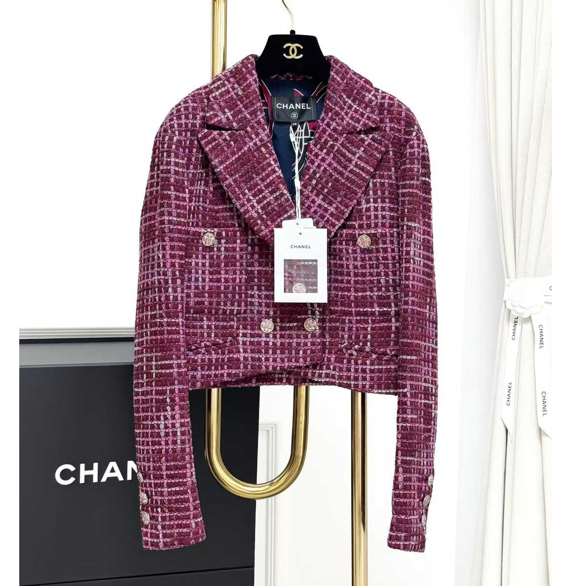 99新 Chanel/香奈儿 38码23S酒红色拼粉色编织翻领短款外套