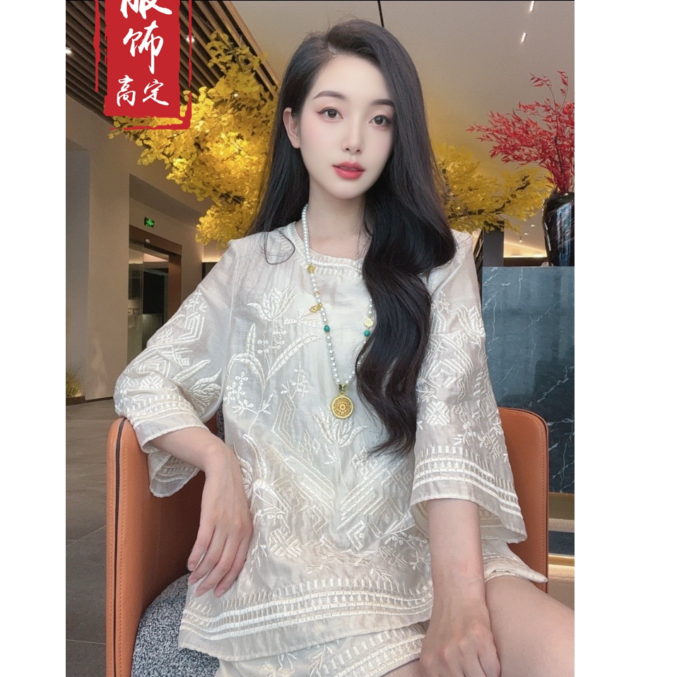 【白茶】2025新款夏季新中式上衣+短裤绣花薄款国风两件套装女