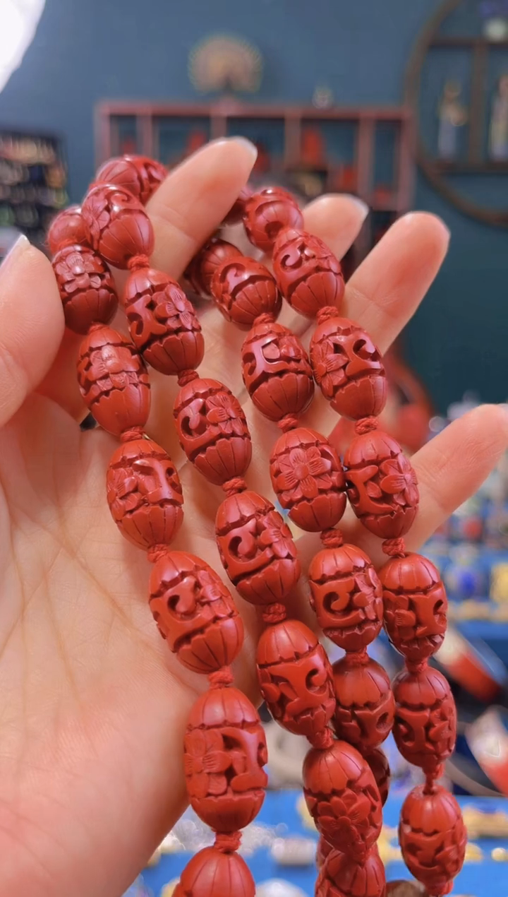 非遗技艺 雕漆花卉枣珠项链 35颗 T级