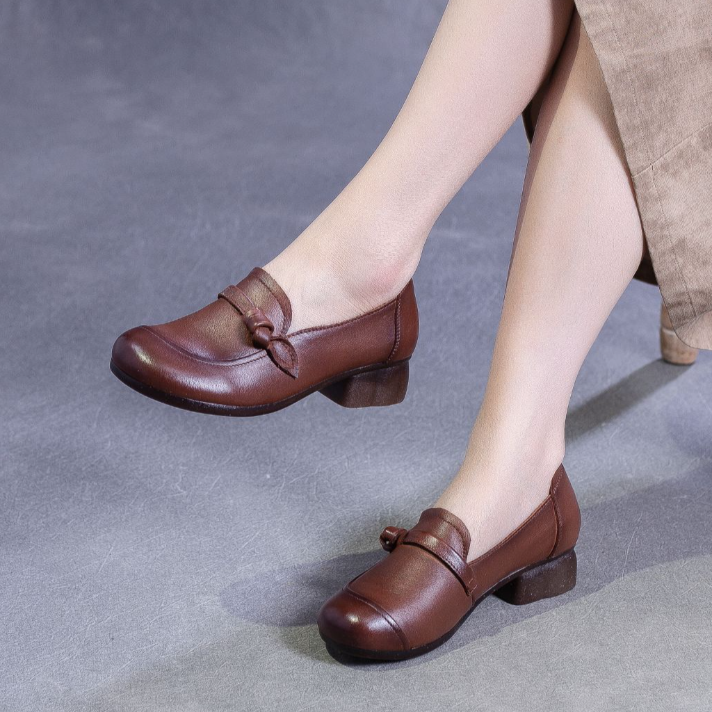 5662乐福鞋粗跟舒适妈妈鞋休闲皮鞋女真皮软底一脚蹬皮鞋圆头单鞋