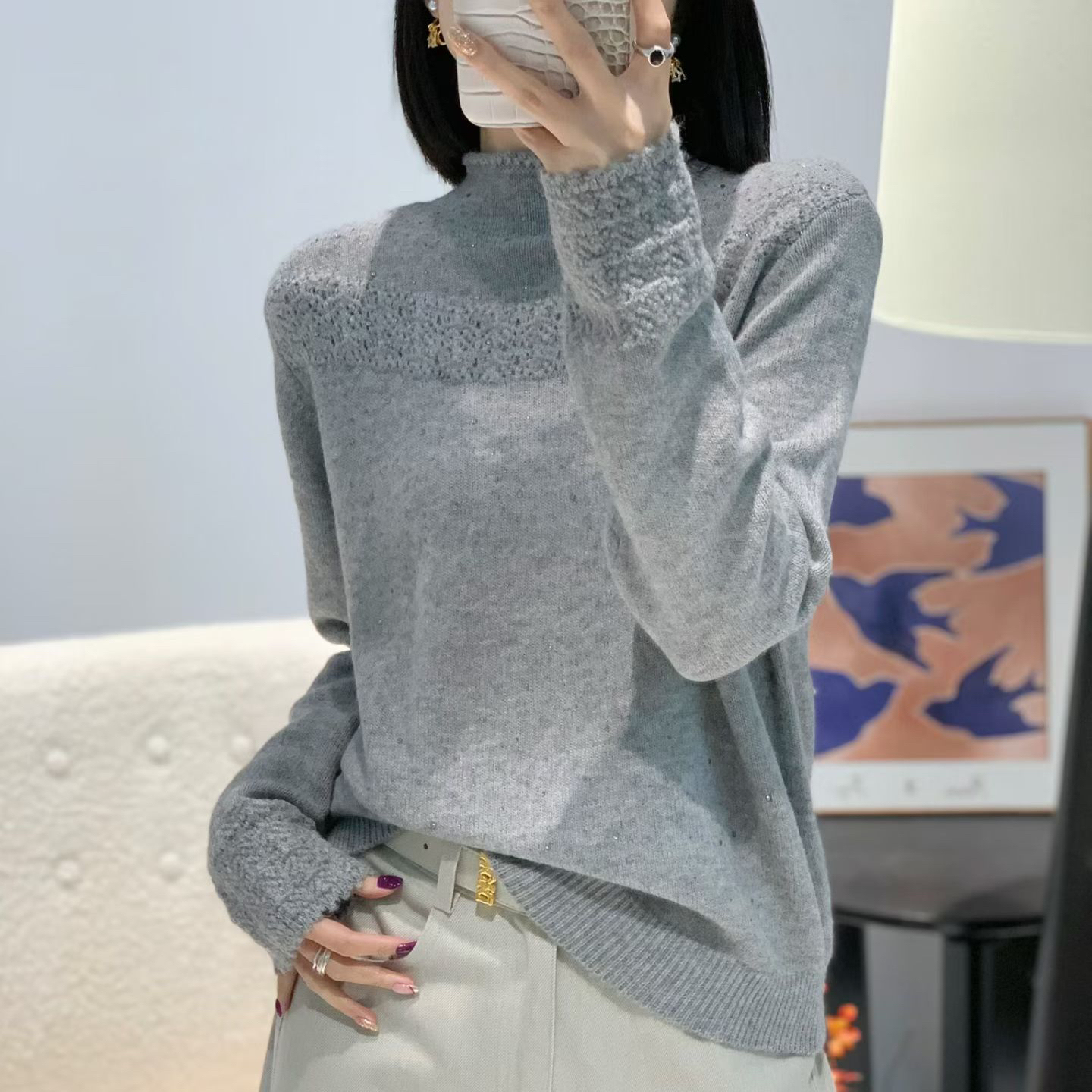 【品牌高货】时尚洋气百搭减龄半高领纯色勾花针织衫内搭上衣女装26
