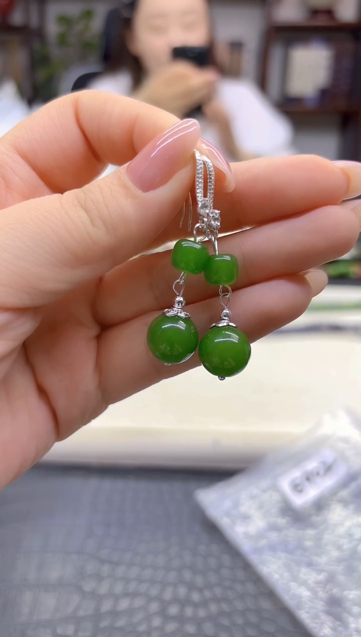 银S925镶嵌和田玉耳饰DIY款E902