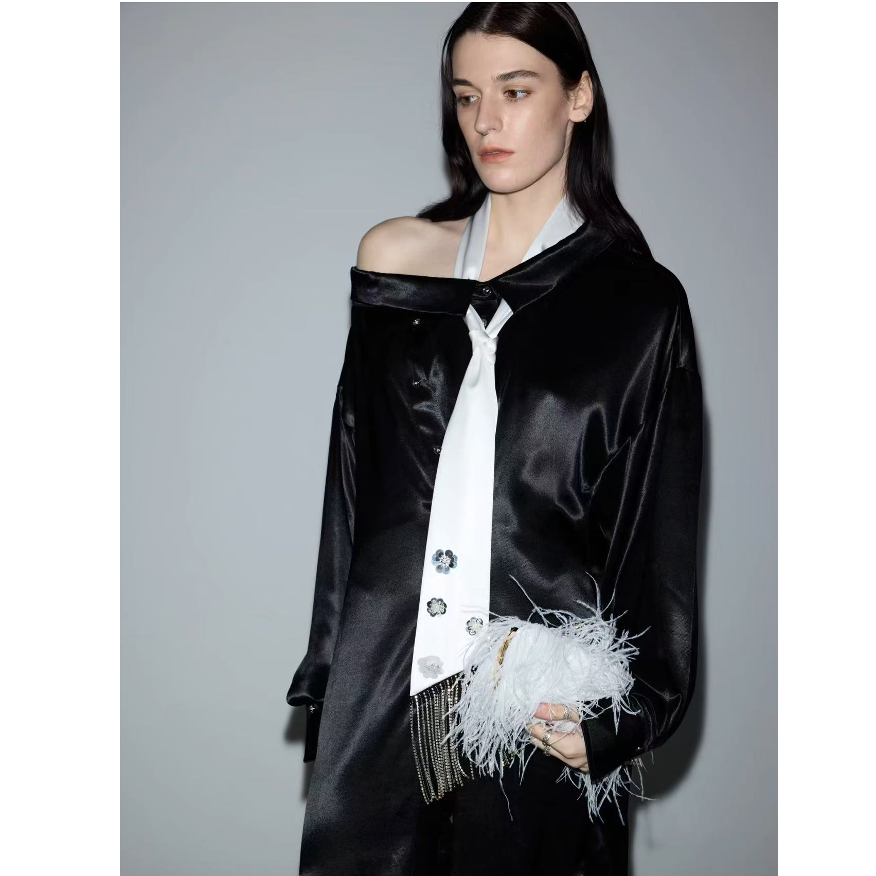 U.T赫本风黑色领带丝绒连衣裙L077