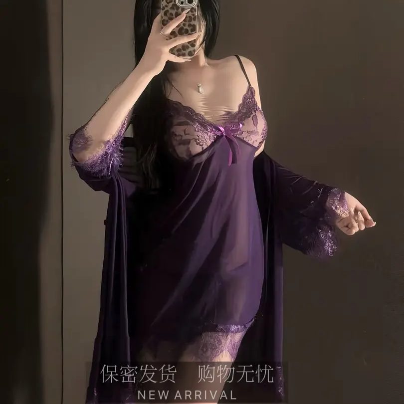 【大码定制】紫色迷情~性感睡衣薄纱蕾丝点缀薄纱套装吊带睡裙女