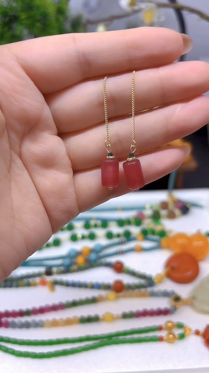 银S925镀金镶嵌耳饰西瓜碧玺E708