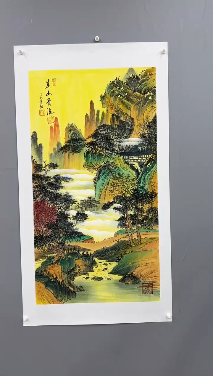 国画锦煌专属/李鲤手绘/美山青流/画芯100*55/金碧三尺
