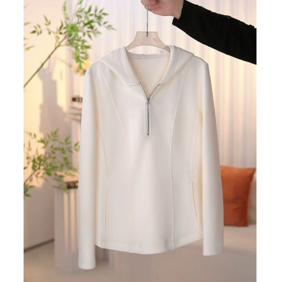 连帽半拉链长袖学院风短款卫衣气质运动休闲女装显瘦春秋冬修身