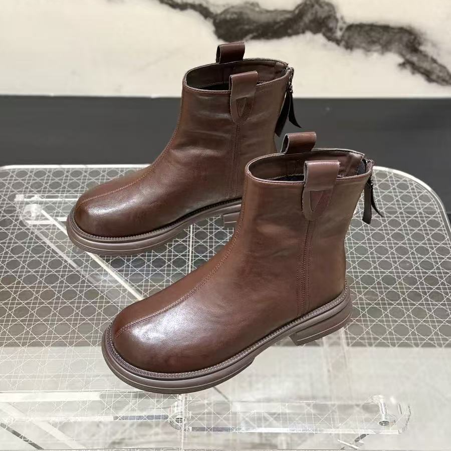 W0253厚底百搭瘦瘦靴女秋冬英伦单靴平底复古洋气短靴 薄绒