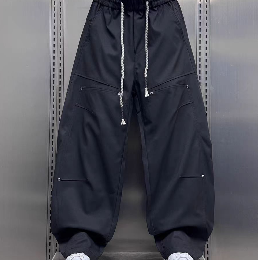 2025秋冬宽松阔腿弯刀裤男士休闲裤痞帅潮流纯色百搭拼接直筒卫裤