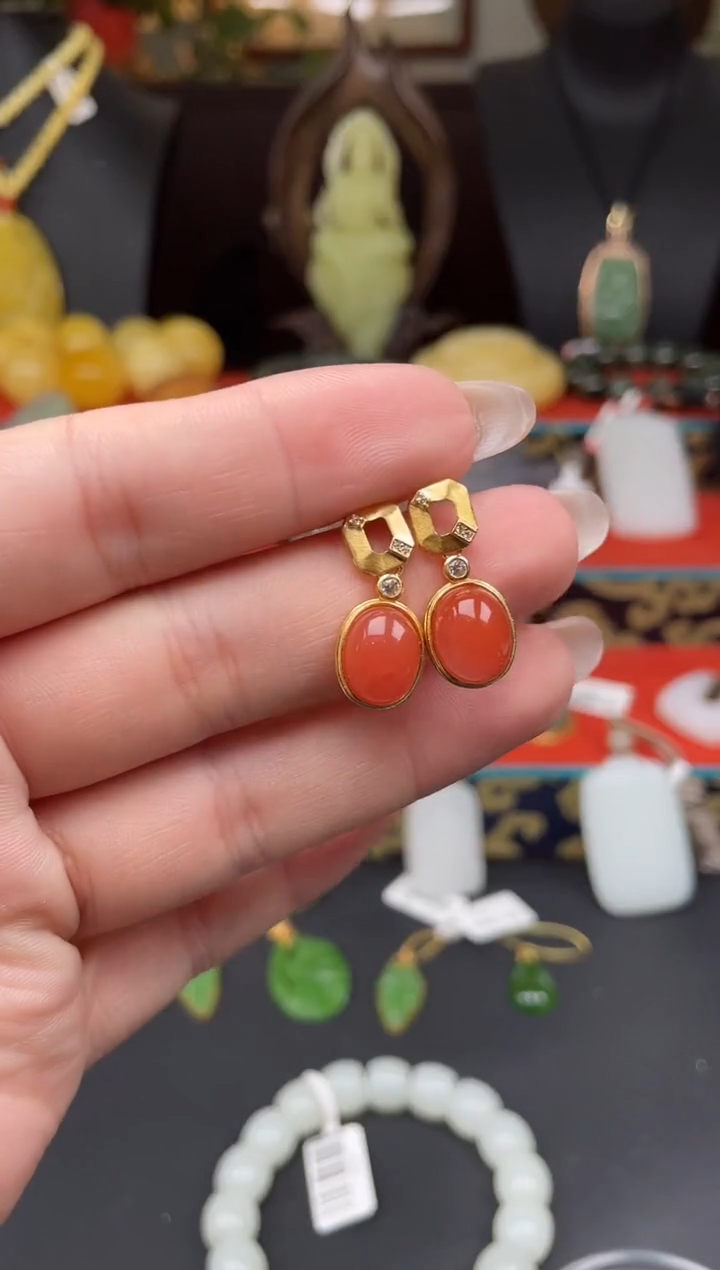 南红玛瑙银S925镶嵌耳饰xh014多样性发其一